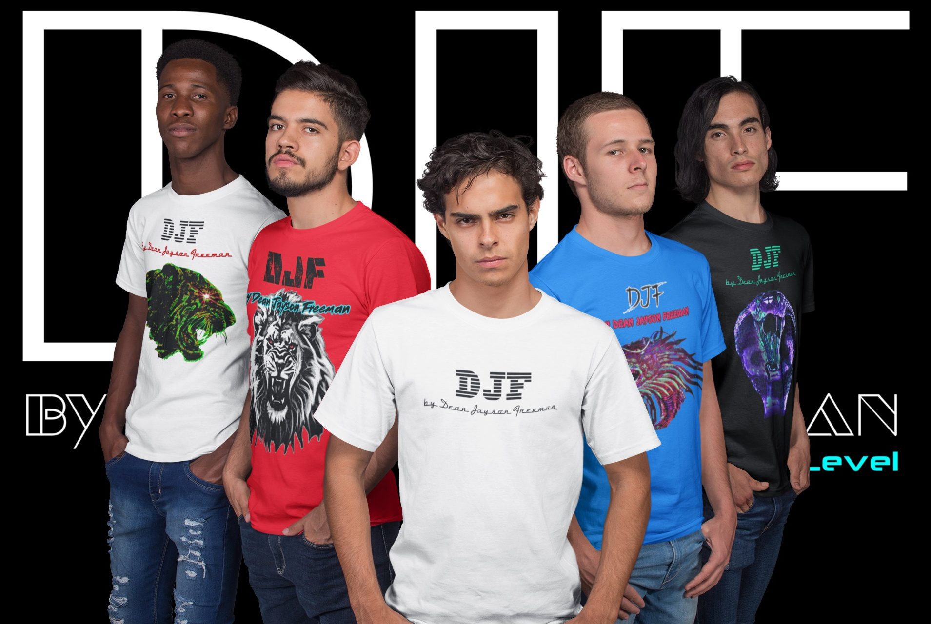 Fünf Männer in stylischen DJF by Dean Jayson Freeman T-Shirts mit verschiedenen Tiermotiven und Farben stehen nebeneinander.