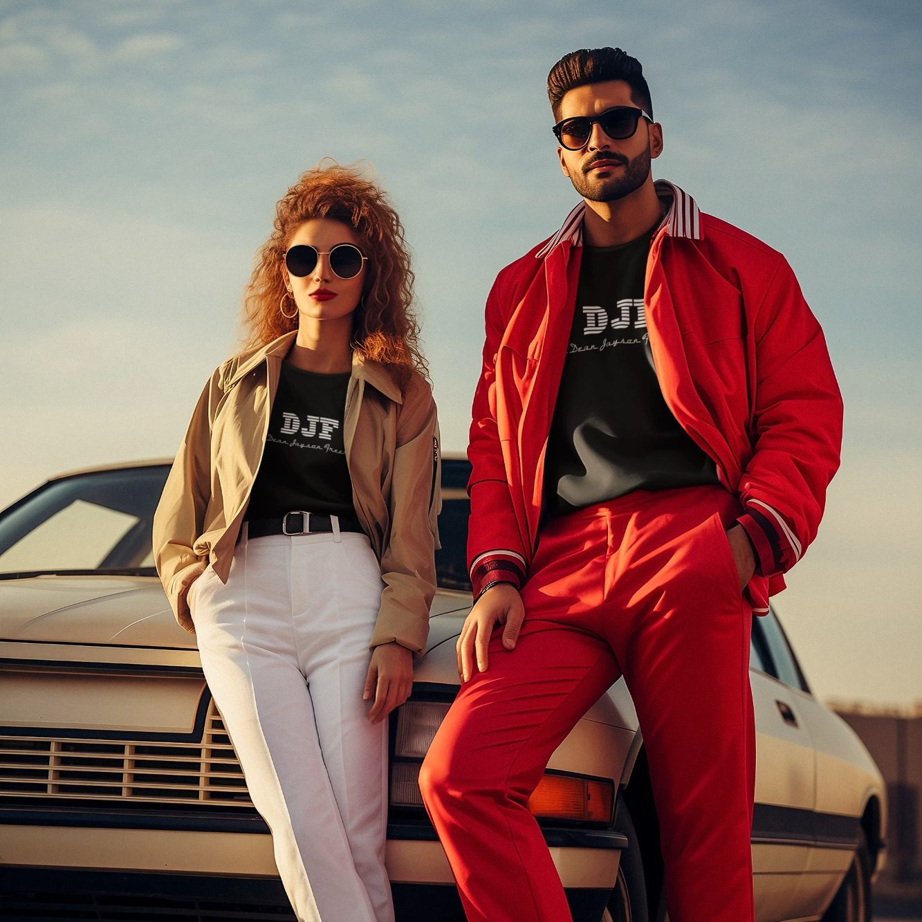 Junge Frau mit lockigen Haaren und Sonnenbrille, Mann in roter Jacke neben einem Auto mit modischen DJF by Dean Jayson Freeman T-Shirts.
