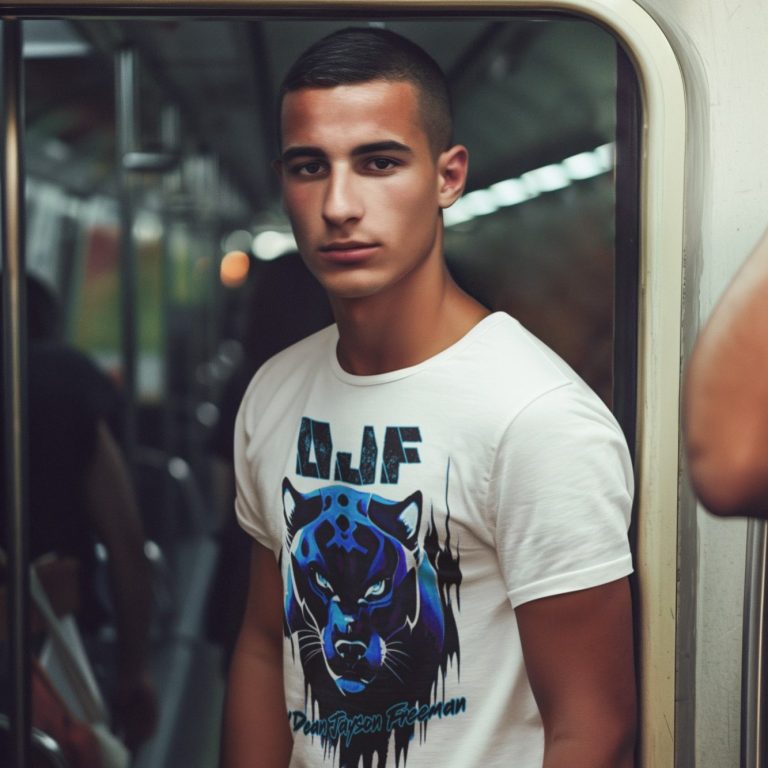 Mann mit Bart trägt ein gelbes cooles DJF by Dean Jayson Freeman T-Shirt mit Grafiken, steht vor einer Wand mit Graffiti.