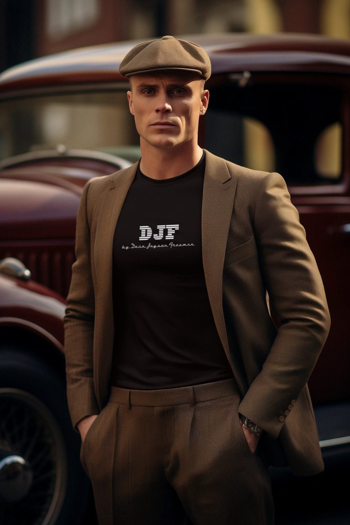 Mann in braunem Anzug und Schiebermütze mit einem klassischen DJF by Dean Jayson Freeman T-Shirt steht vor einem alten Auto.