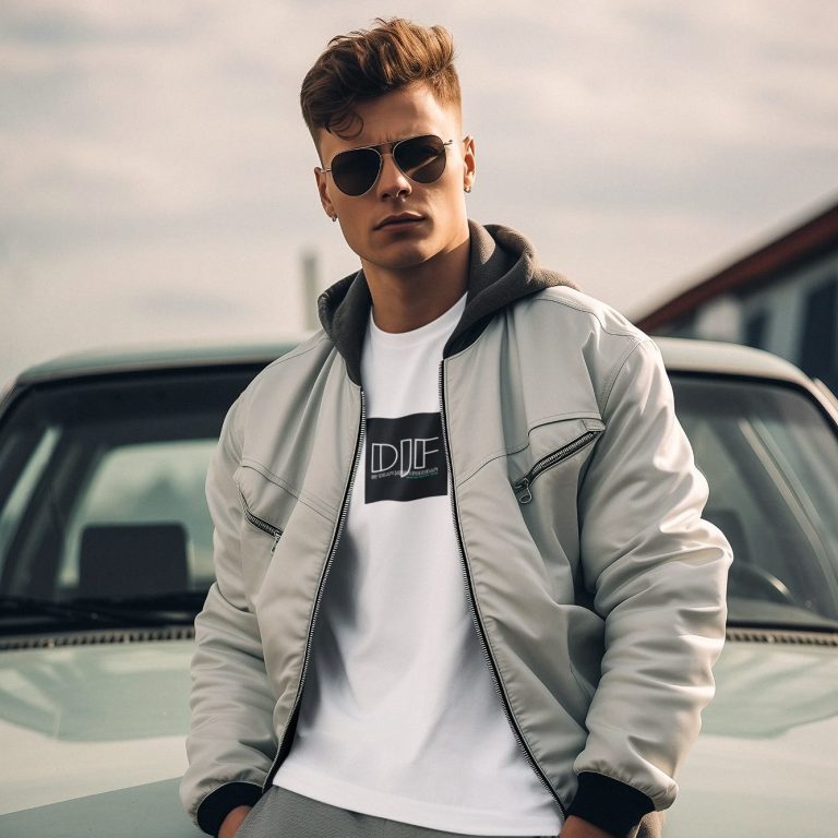 Junger Mann in Sonnenbrille und bomberjacke mit stylischen DJF by Dean Jayson Freeman T-Shirt vor einem Auto.