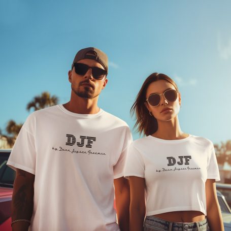Paar in Sonnenbrillen trägt coole und freshe weiße DJF by Dean Jayson Freeman T-Shirts.