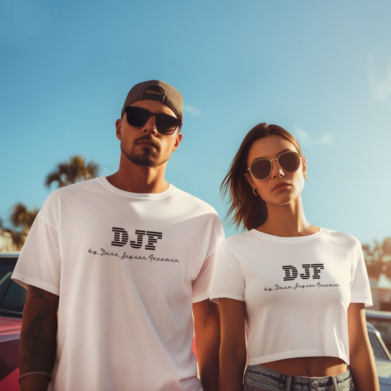 Mann und Frau in Sonnenbrillen, tragen weiße T-Shirts mit "DJF by Dean Jayson Freeman" Aufschrift. Hintergrund blaues Himmel.